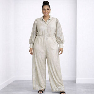 ELOQUII Gold Sequin Long Sleeve Jumpsuit Plus Size 16